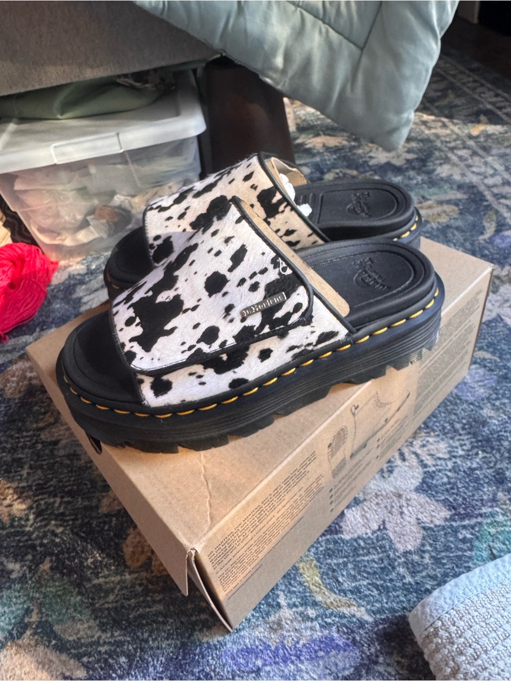 NWT Dr. Martens Zeb Zag Black & White Cow Print Slide Sandals